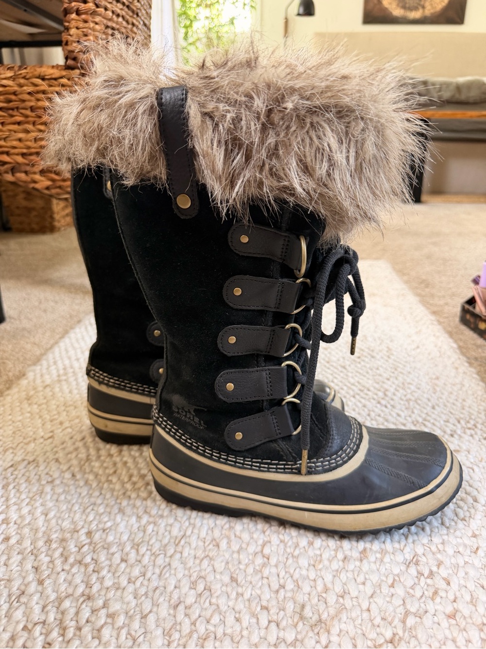 Sorel Black and Brown Faux Fur Winter Rain Boots